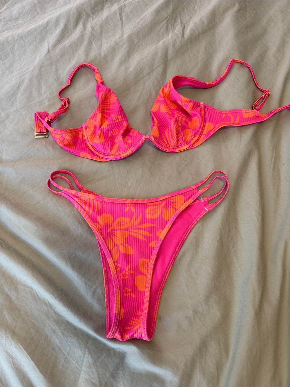 Hollister Hot Pink and Orange Floral Ribbed Bikini Set
